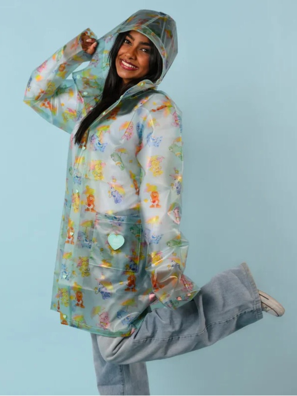 Cakeworthy x Care Bears- Transparent Turquoise Colorful Print Hooded Raincoat